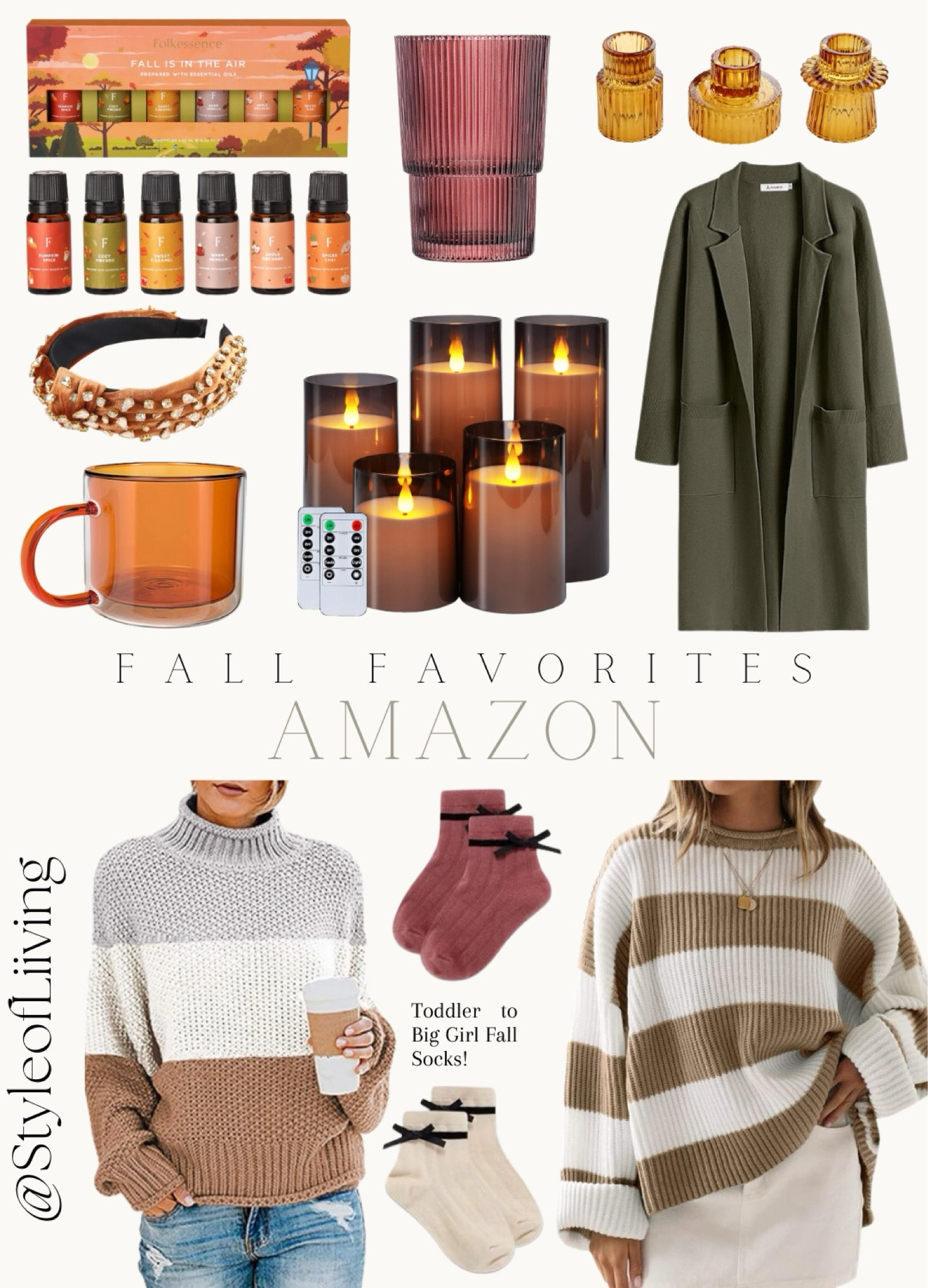 Fall fashion and home decor. Sweaters, socks, mugs, glass votive candle holders, essential oils, headbands, outerwear cardigans, flameless remote control candles. #amazonfashion #amazonhome #fallfavorites2024

#LTKStyleTip #LTKHome #LTKSeasonal