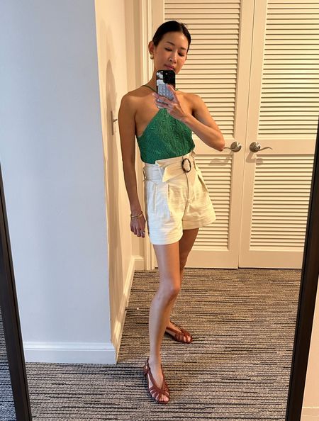 What I took on vacation: love these Sezane high waisted linen shorts (wearing size 0) that comes with a belt. This knitted halter top is super flattering to show off shoulders and comes in other colors too (wearing size xs - runs a bit big). And these are the cutest woven flats and super comfy to walk everywhere in! 

#LTKTravel #LTKShoeCrush #LTKOver40