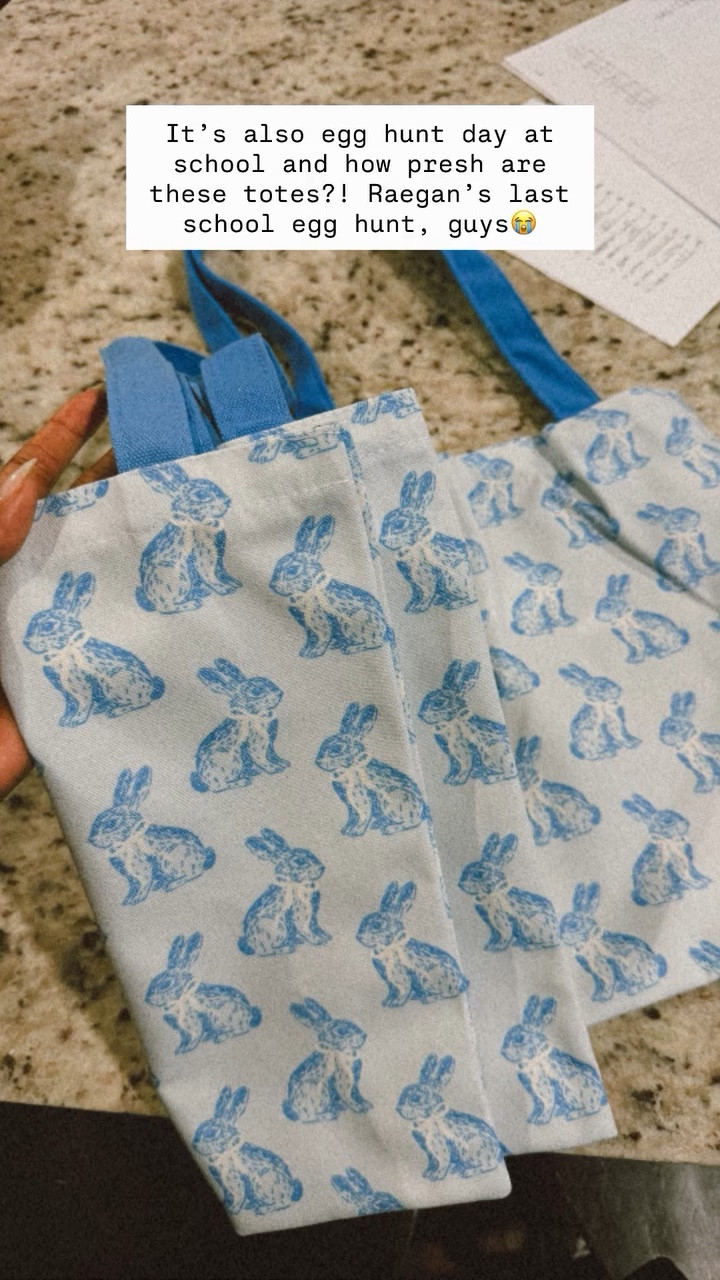 It’s also egg hunt day at school and how presh are these totes?! Raegan’s last school egg hunt, guys😭
