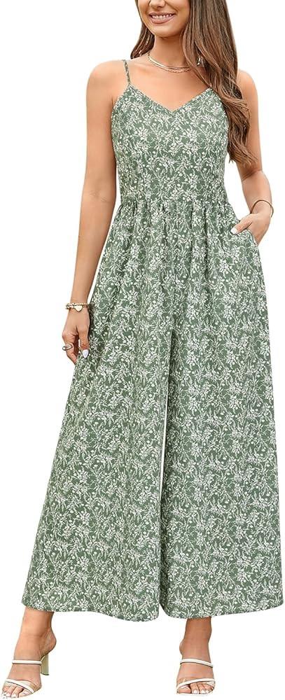 LAISHEN Wide Leg Jumpsuits for Women Dressy Casual 2024 Summer Rompers Smocked Sleeveless Floral ... | Amazon (US)