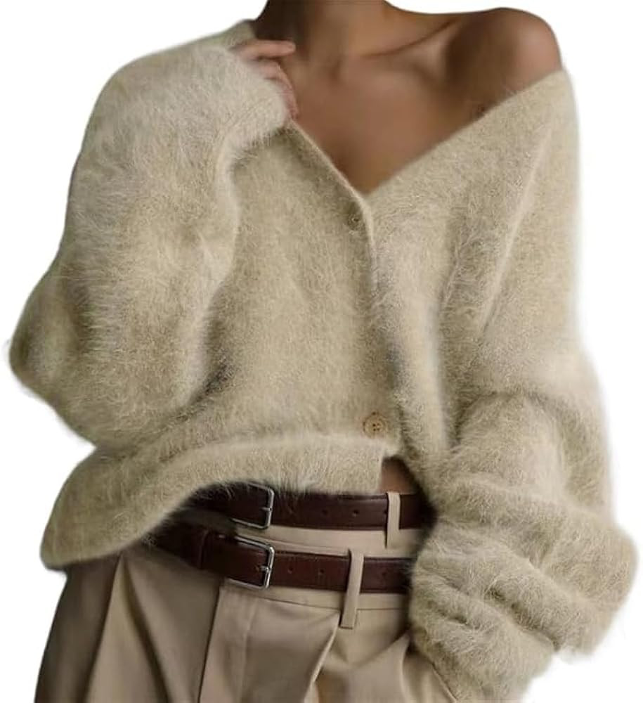 Womens Fuzzy Sweaters Cardigan V-Neck Button Down Oversized Mohair Sweater Casual Y2k 2025 Fall W... | Amazon (US)