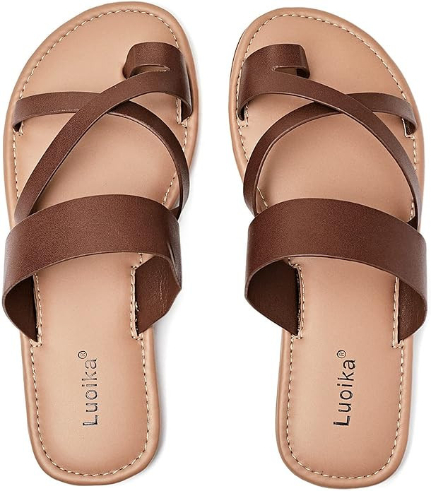 Luoika Women's Wide Width Flat Sandals, Flip Flop Slides Sandal Casual Strapy Sandal Slip on Summ... | Amazon (US)