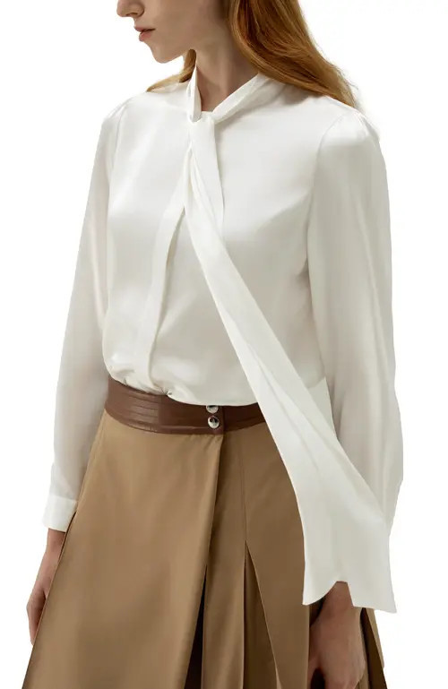 Lilysilk Bow-tie Neck Silk Blouse in Natural White at Nordstrom, Size Small | Nordstrom