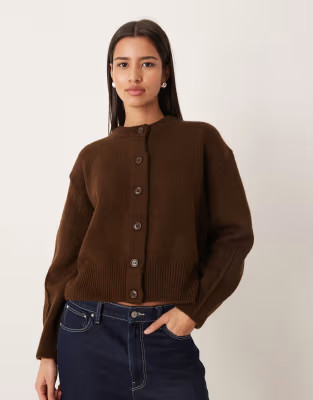 ASOS DESIGN boxy crew neck cardigan with side slit detail in chocolate | ASOS | ASOS (Global)