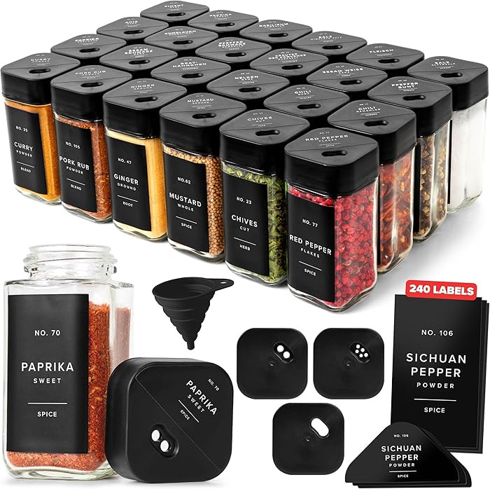 Square Spice Jars with Adjustable Rotating Lids (24 Pack) – 4oz Glass Spice Jars with 240 Label... | Amazon (US)