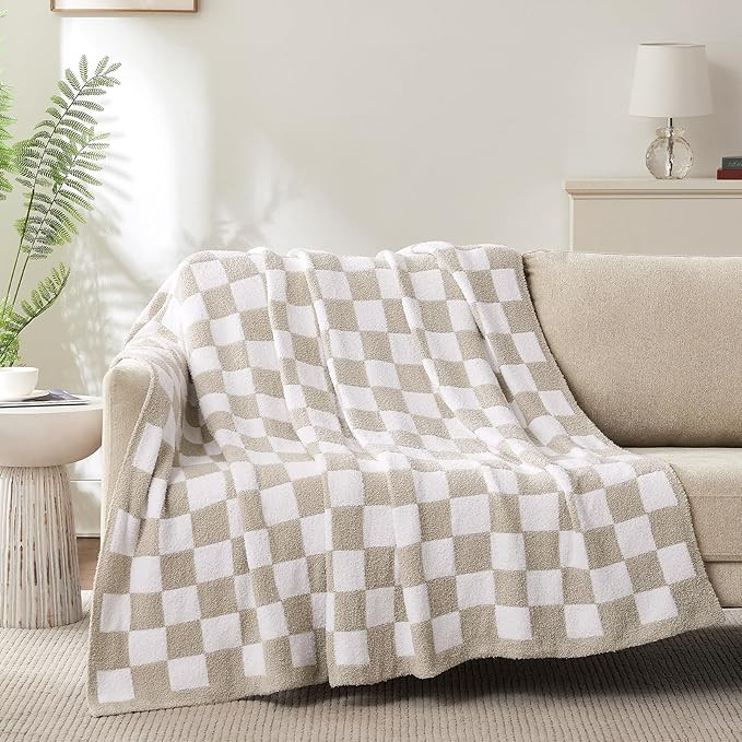 Checkered Throw Blanket, Taupe Soft Cozy Fluffy Knitted Throw Blankets for Couch, Sofa, Bed, Chai... | Amazon (US)
