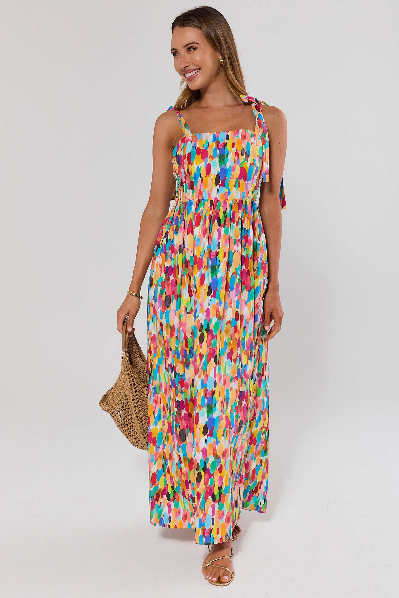 Sandy Multi Printed Smocked Midi Dress | Avara