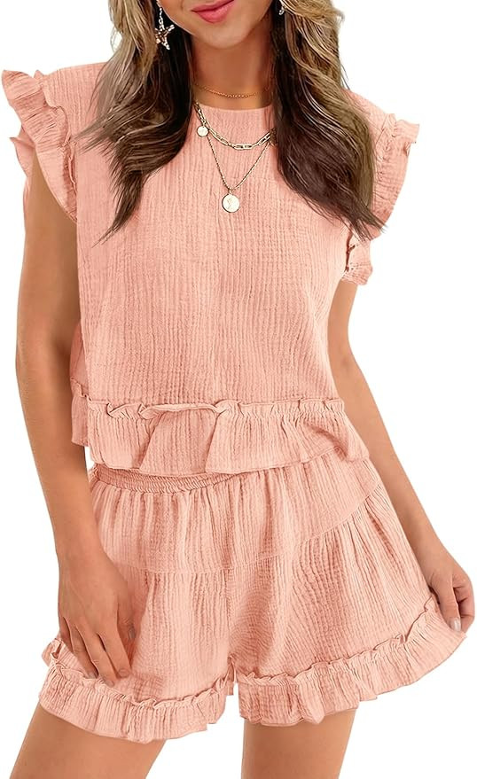 Cicy Bell Womens Summer 2 Piece Sets Ruffle Cap Sleeve Crewneck Cropped Tops Elastic Waist Shorts... | Amazon (US)