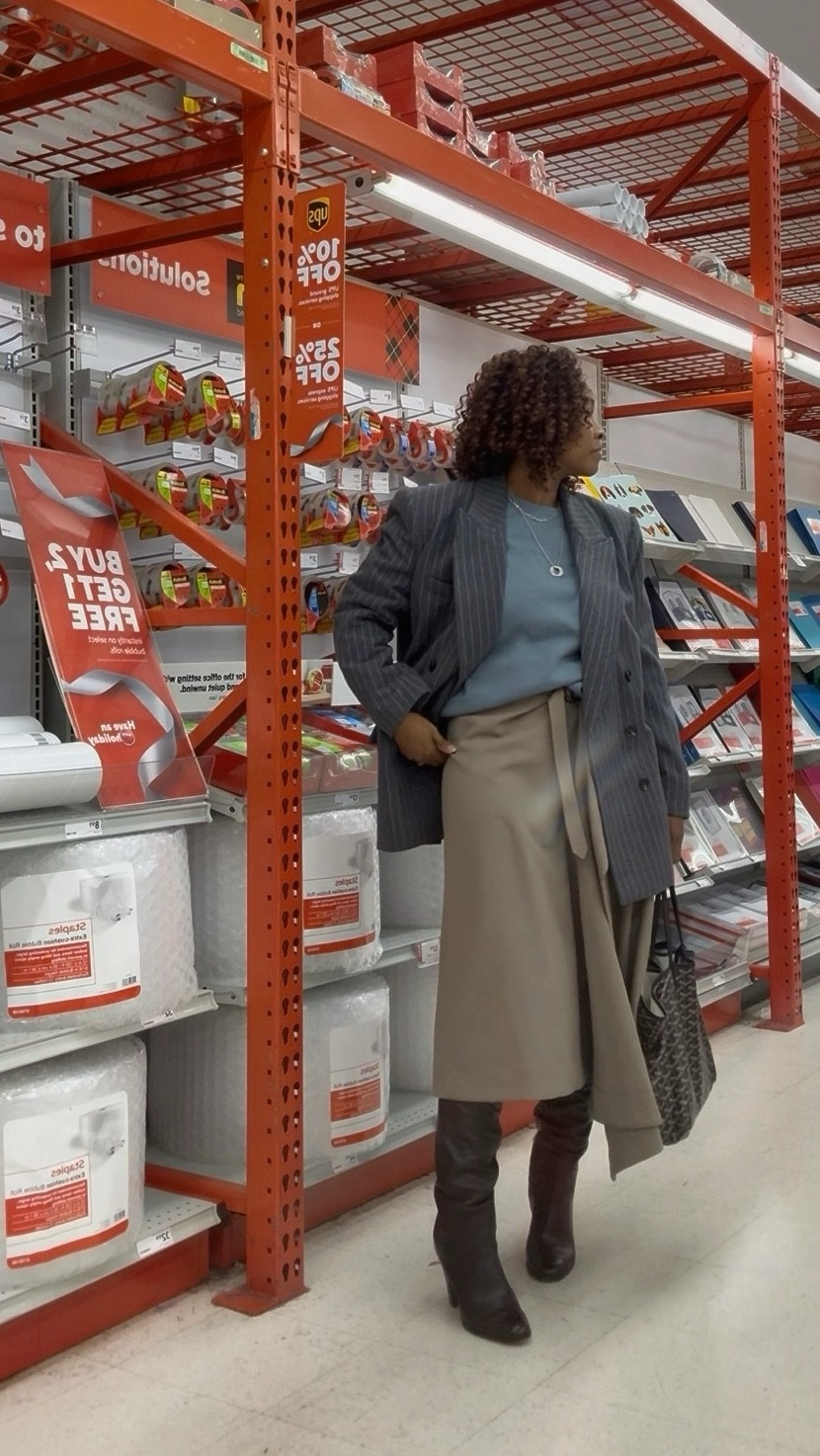 Ran in for office supplies…turned into an outfit shoot. 
Grey pinstripe blazer, teal sweatshirt, asymmetrical tan skirt, knee-high boots. Civic chic… aisle seven edition.

#whatiworetowork #civicchic 

#LTKootd #LTKWorkwear #LTKOver40