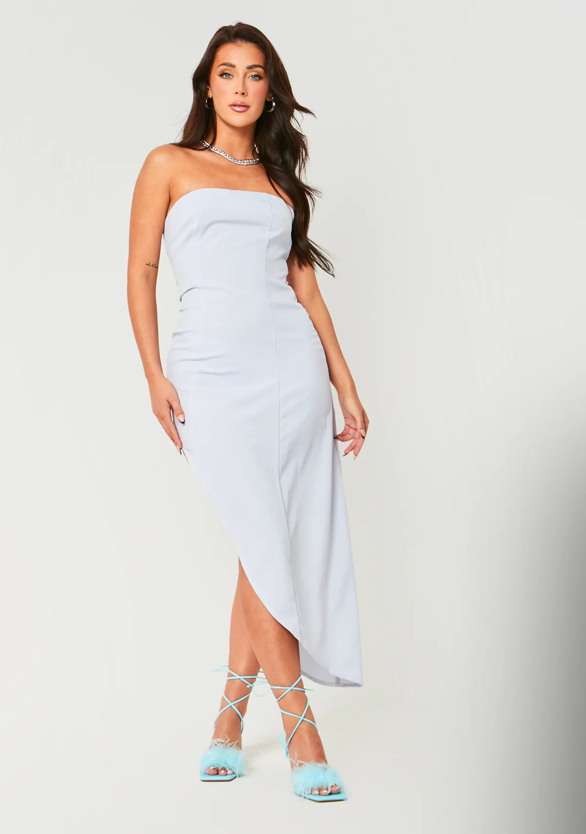 Jemma Blue Bandeau Asymmetric Midi Dress | Women's Dresses | MissyEmpire | Missy Empire (UK)