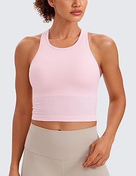 CRZ YOGA Womens Seamless Ribbed Longline High Neck Sports Bra - Racerback Padded Slim Fit Crop Ta... | Amazon (US)