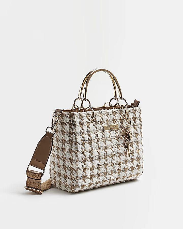 Beige dogtooth boucle tote bag | River Island (UK & IE)