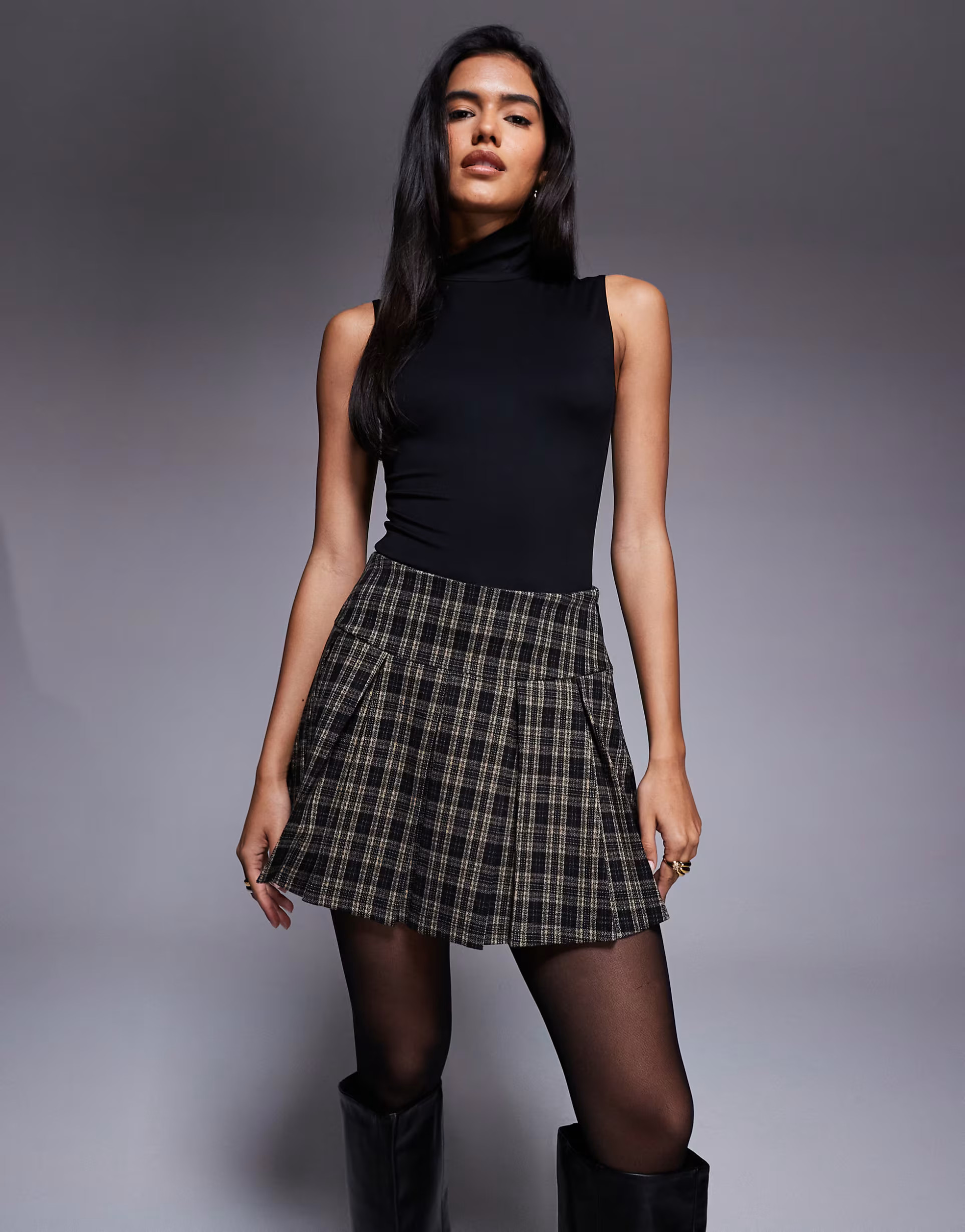 ASOS DESIGN pleated brushed v seam mini skirt in chocolate check print | ASOS | ASOS (Global)