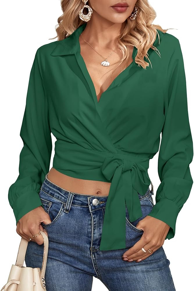 Vrtige Women's Wrap V Neck Self Tie Knot Long Sleeve Blouse Shirt Crop Top | Amazon (US)