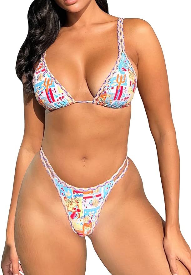 WDIRARA Women's Colorblock Criss Cross Tie Side Halter Bikini Bathing Suit 2 Piece Swimsuits | Amazon (US)