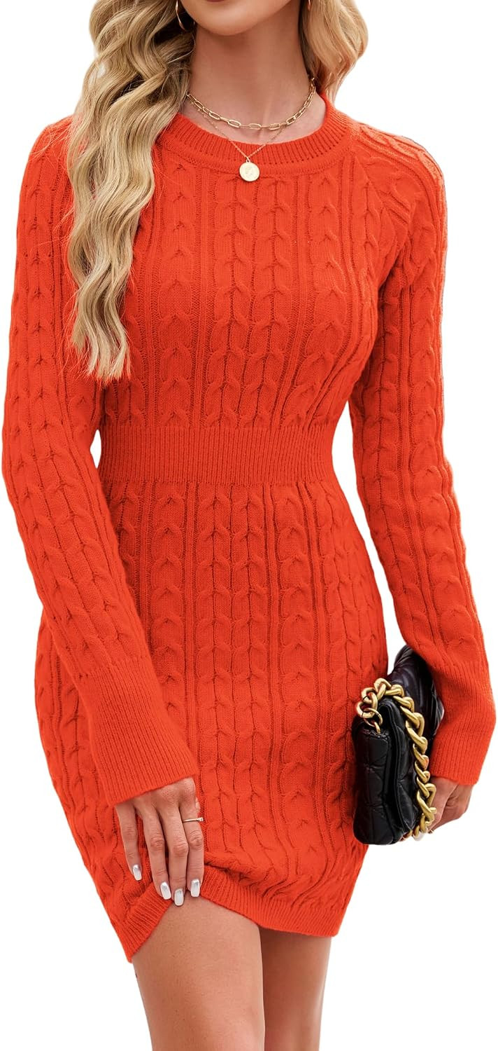 ZAFUL Womens Sweater Dress Cable Knit Crew Neck Bodycon Fall Winter Dress | Amazon (US)