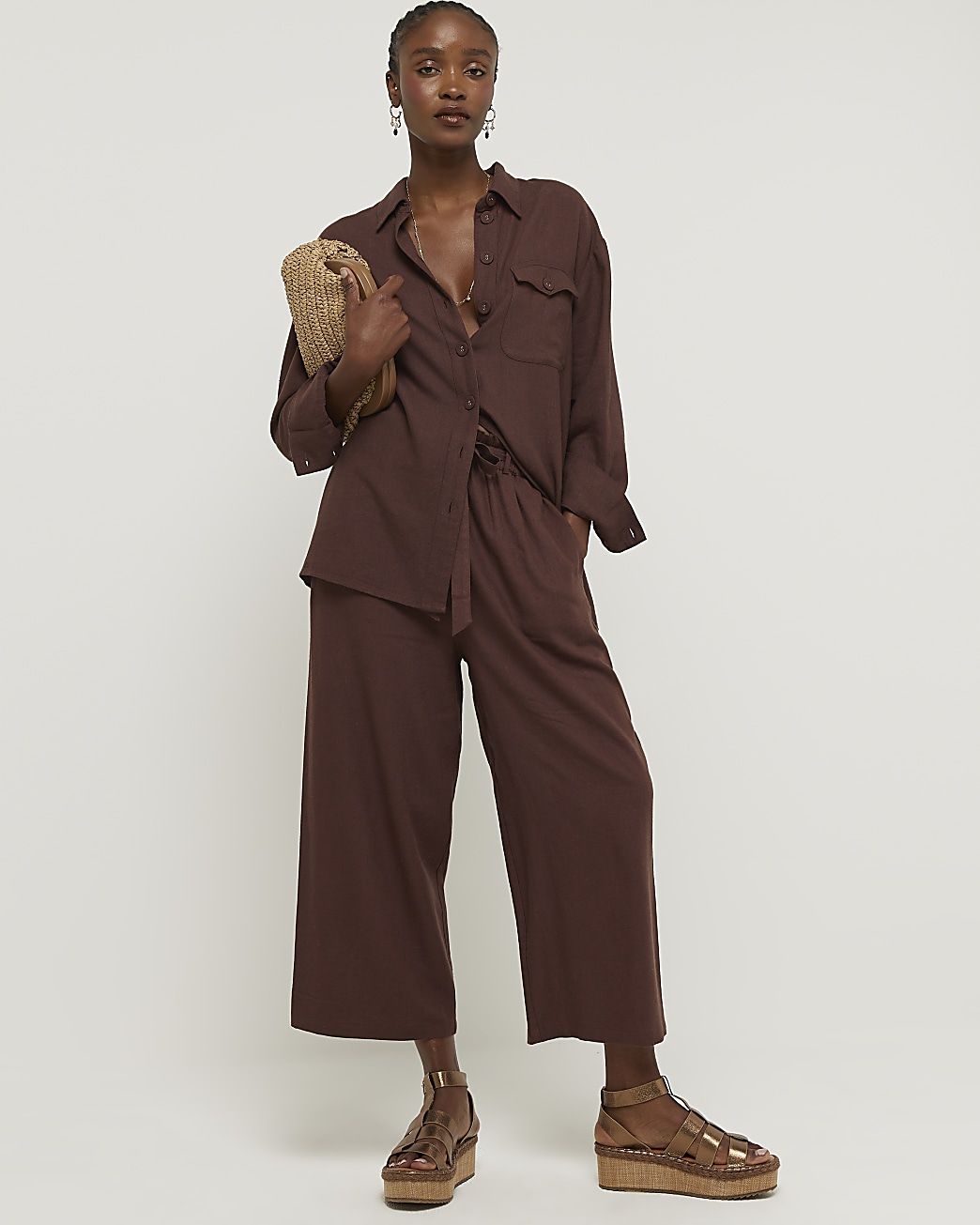 Brown linen blend belted wide leg trousers | River Island (UK & IE)