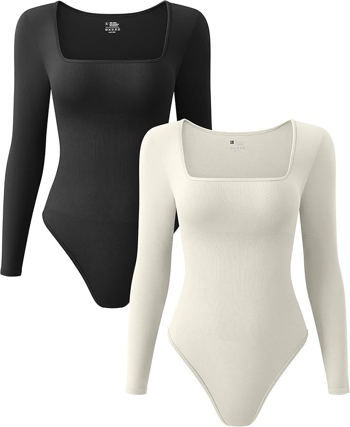 OQQ Women's 2 Piece Bodysuits Sexy Ribbed One Piece Square Neck Long Sleeve Bodysuits | Amazon (US)