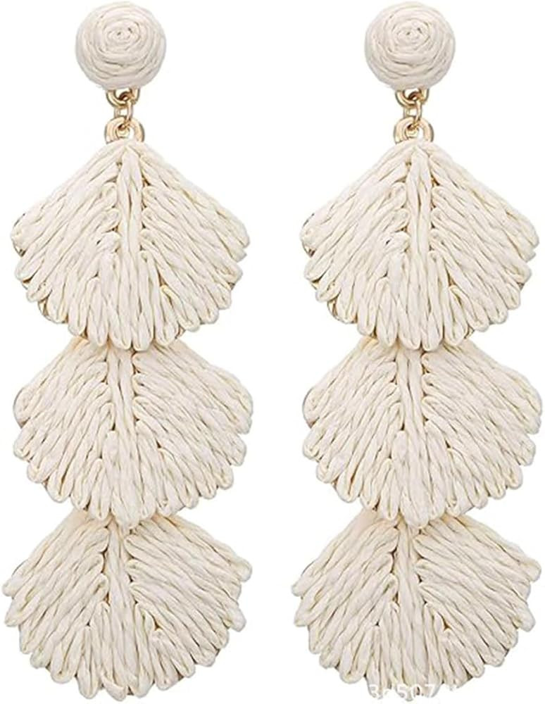 Raffia Shell Dangle Earrings for Women Boho Statement Rattan Drop Earrings Summer Beach Trendy Je... | Amazon (US)