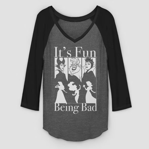 Women's 3/4 Sleeve Disney Fun Being Bad Raglan Graphic T-Shirt - Gray/Black | Target