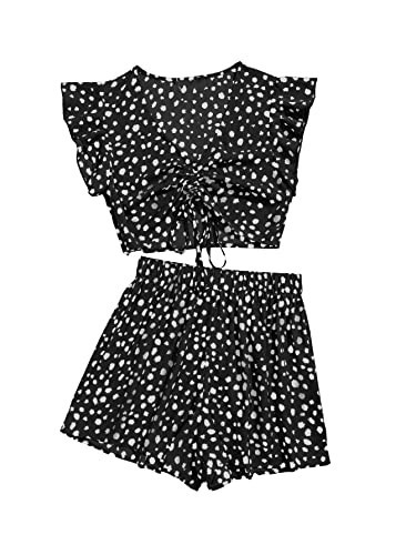 SweatyRocks Women's 2 Piece Boho Butterfly Sleeve Knot Front Crop Top with Shorts Set Black White L | Amazon (US)
