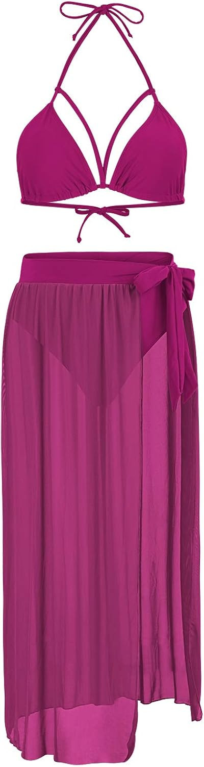 Kisscynest Women's Halter Neck Cut Out 3 Pieces Swimwear with Mesh Maxi Skirt | Amazon (US)