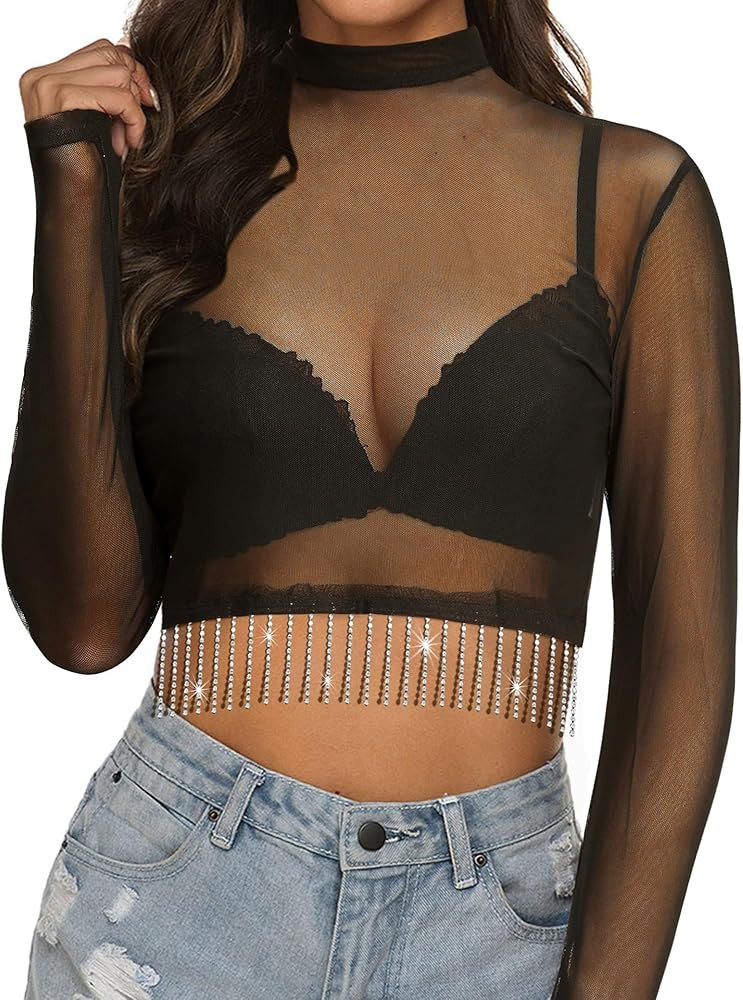 MYMORE Women Nashville Rhinestone Fringe Mesh Crop Top Sheer See Through Sparkly Long Sleeve Rave... | Amazon (US)