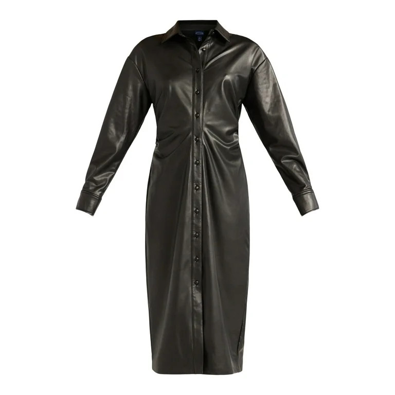 Scoop Women’s Faux Leather Maxi Shirtdress with Side Ruching, Sizes XS-XXL | Walmart (US)