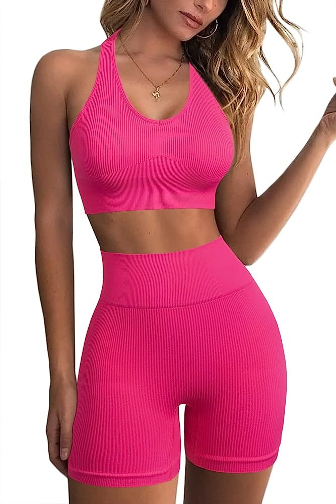 QINSEN Two Pieces Gym Sets for Women Ribbed Sports Bra Seamless High Waist Shorts Workout Outfits | Amazon (US)