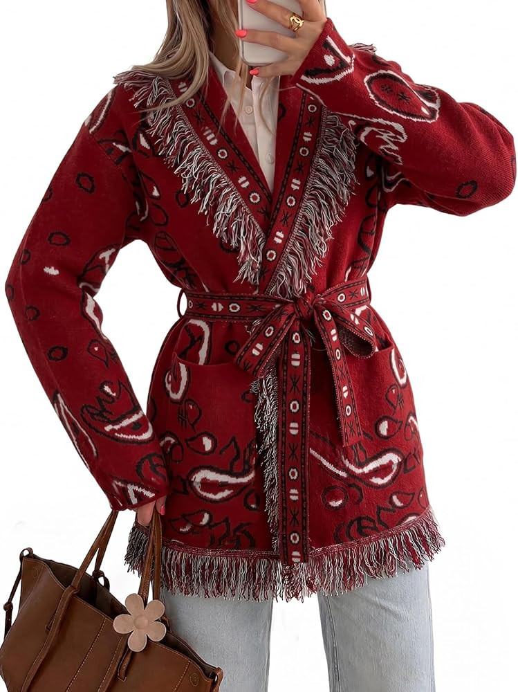 Tankaneo Womens Fringe Cardigan Long Sleeve Paisley Sweaters with Belt | Amazon (US)