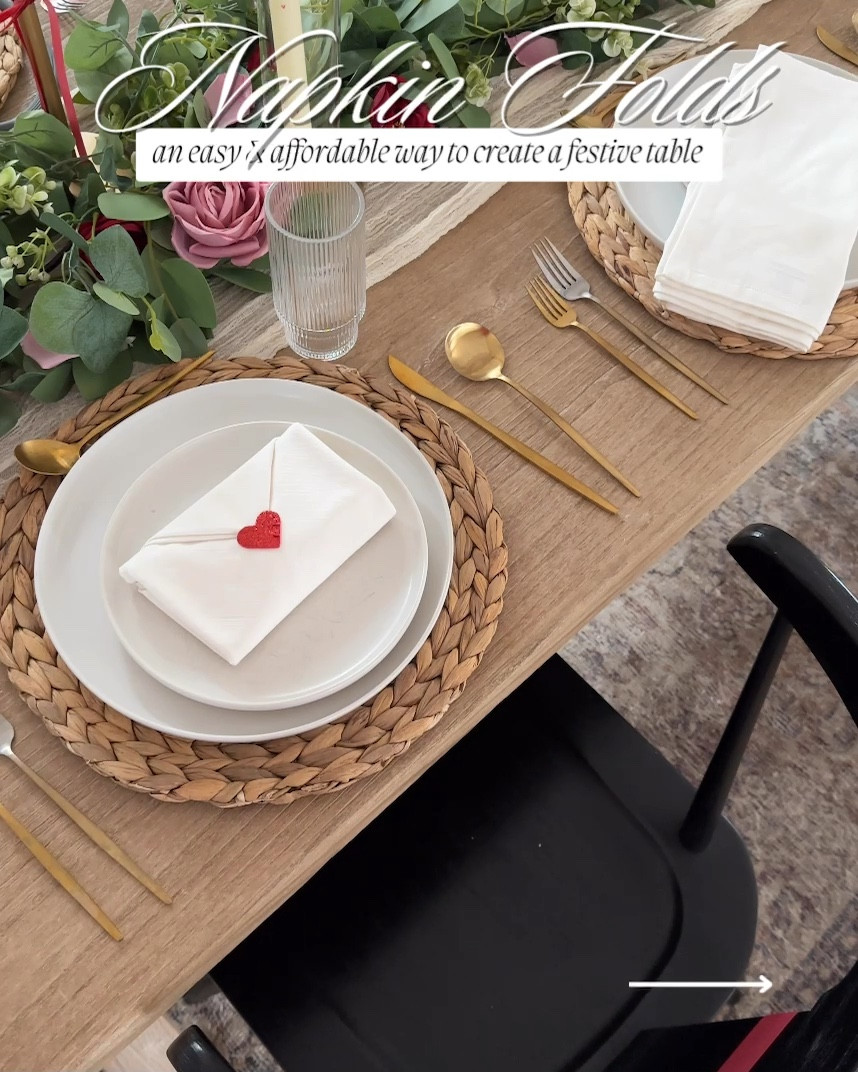 Napkin folds like this love letter envelope are an easy way to add a festive touch to any holiday ❤️ 

🏷️ napkins // floral garland // heart stickers // candle holders // plates // dishes // home decor // dining room table // dining chairs // black dining chair 

#LTKHome #LTKWatchNow #LTKParties