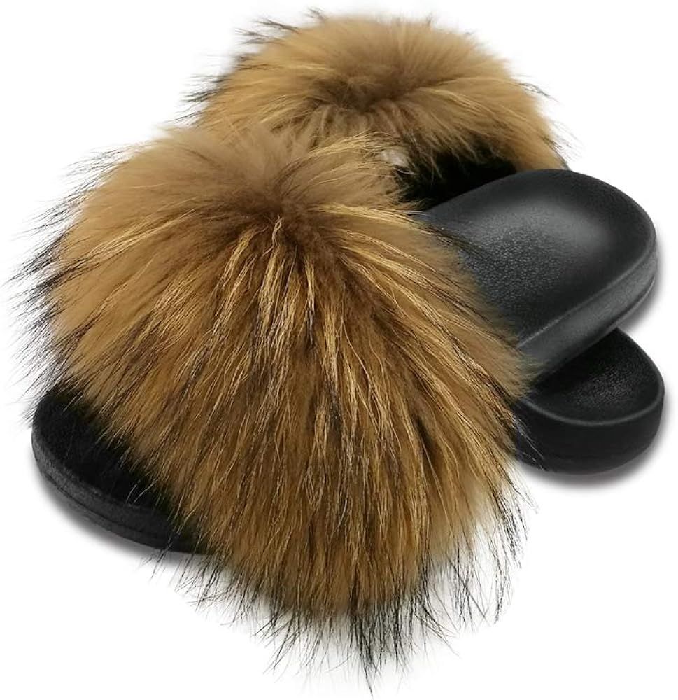Women's Real Fox Fur Slides, Open Toe Cute Fur Slippers, Indoor or Outdoor Comfortable Fur Slide ... | Amazon (US)