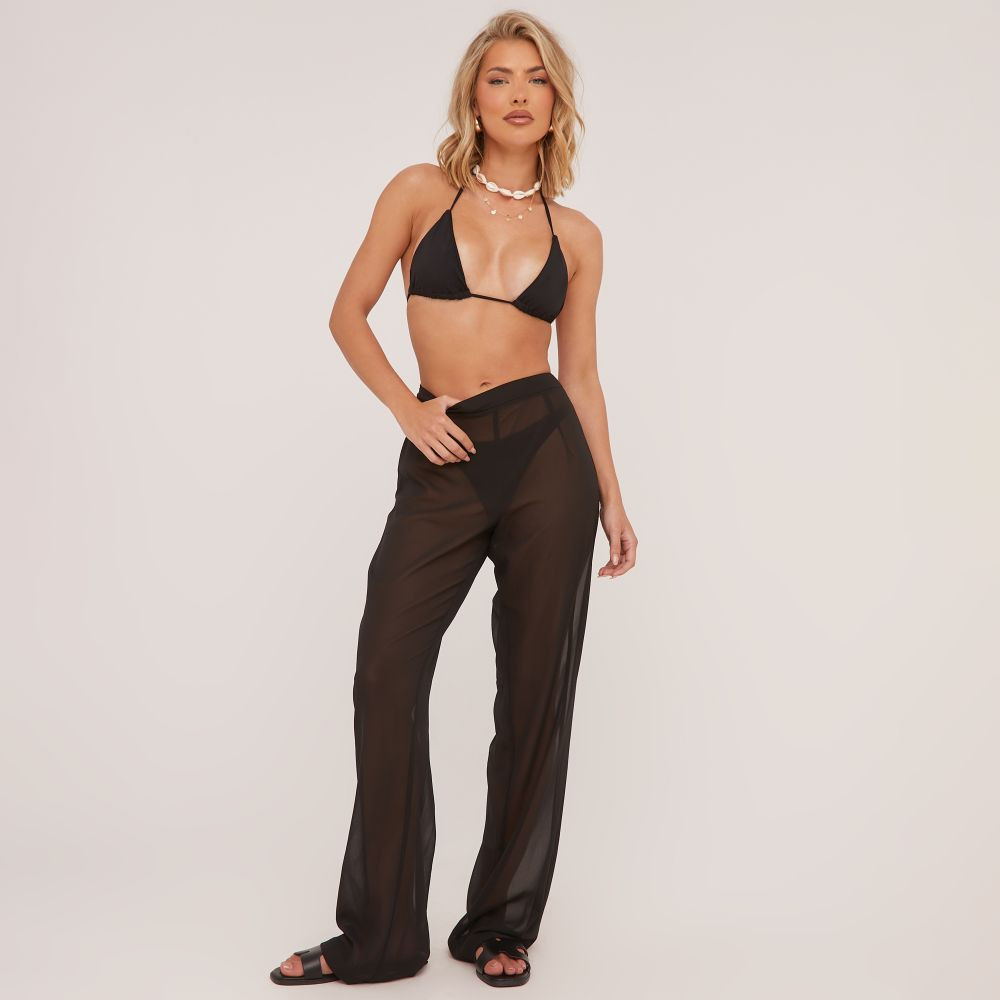 High Waist Wide Leg Beach Trousers In Black Mesh | EGO (UK)
