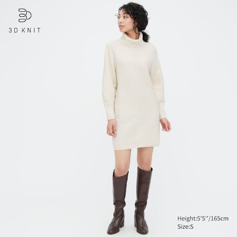3D Knit Soufflé Turtleneck Long Sleeved Dress | UNIQLO (UK)