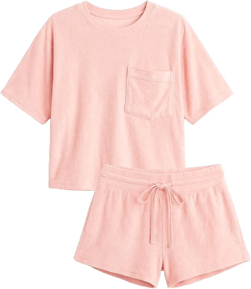 Womens 2 Piece Lounge Set Soft Short Sleeve Top and Drawstring Shorts for Summer | Amazon (US)