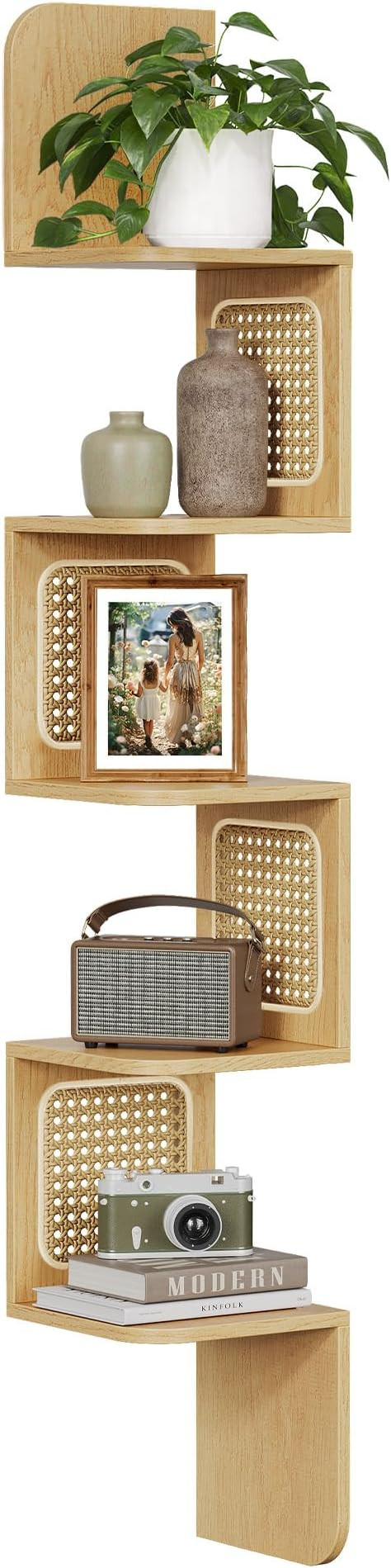 VASAGLE 5-Tier Corner Shelf, Wall Mounted Floating Shelf, Zigzag Corner Shelf Unit, PVC Rattan Si... | Amazon (US)