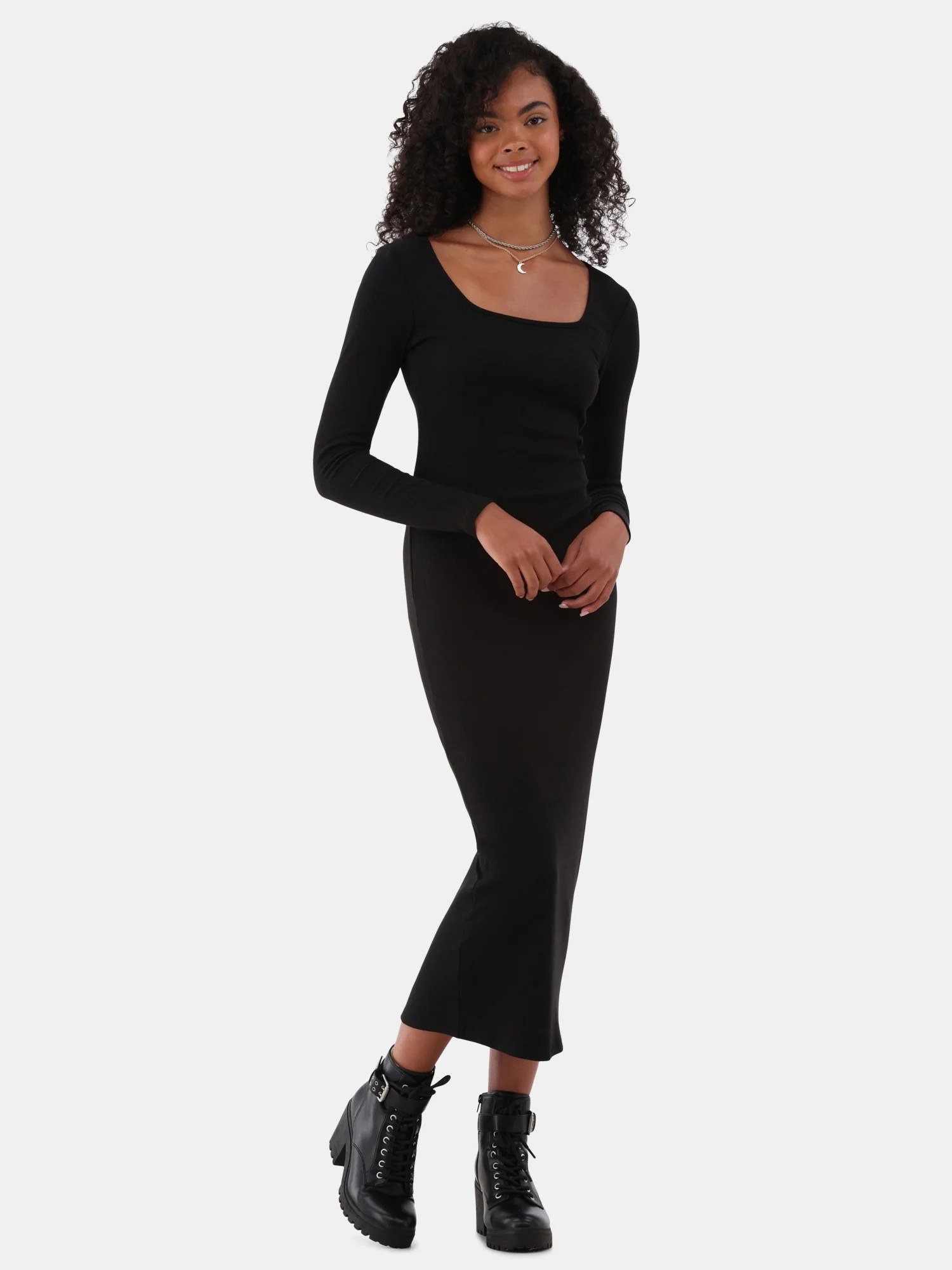 No Boundaries Square Neck Maxi Dress with Long Sleeves, Women's and Women's Plus | Walmart (US)