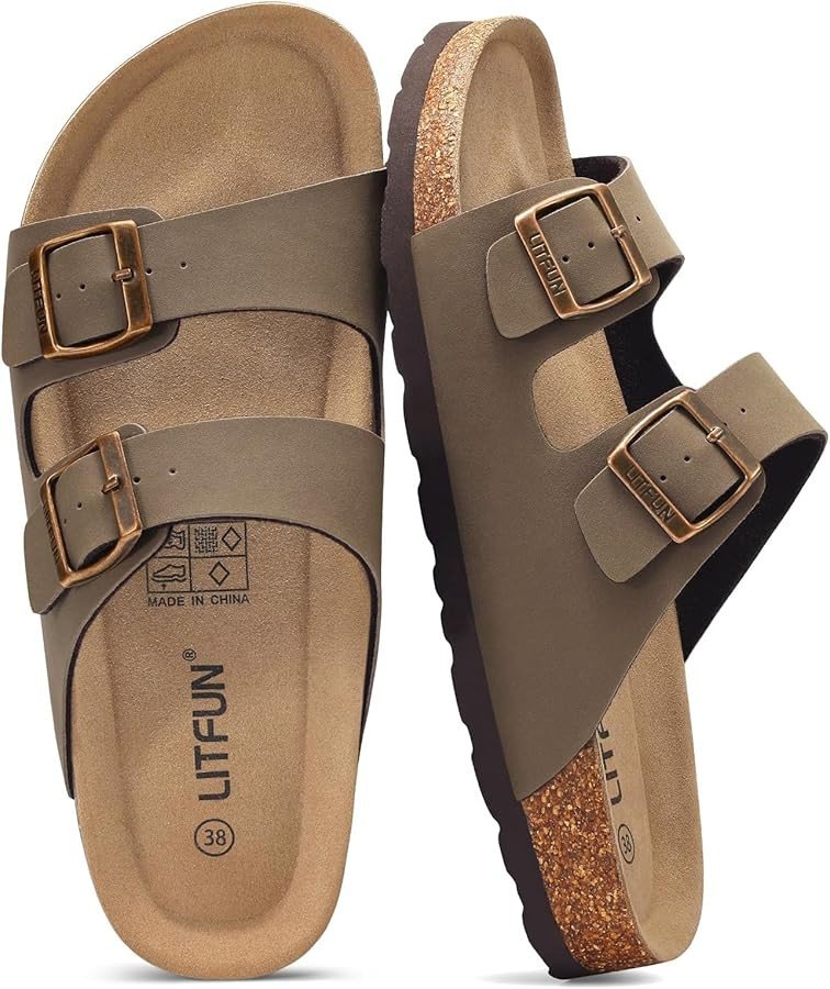 Litfun Women's Cork Footbed Sandal Summer Slip On Slide Sandals with Adjustable Buckle | Amazon (US)