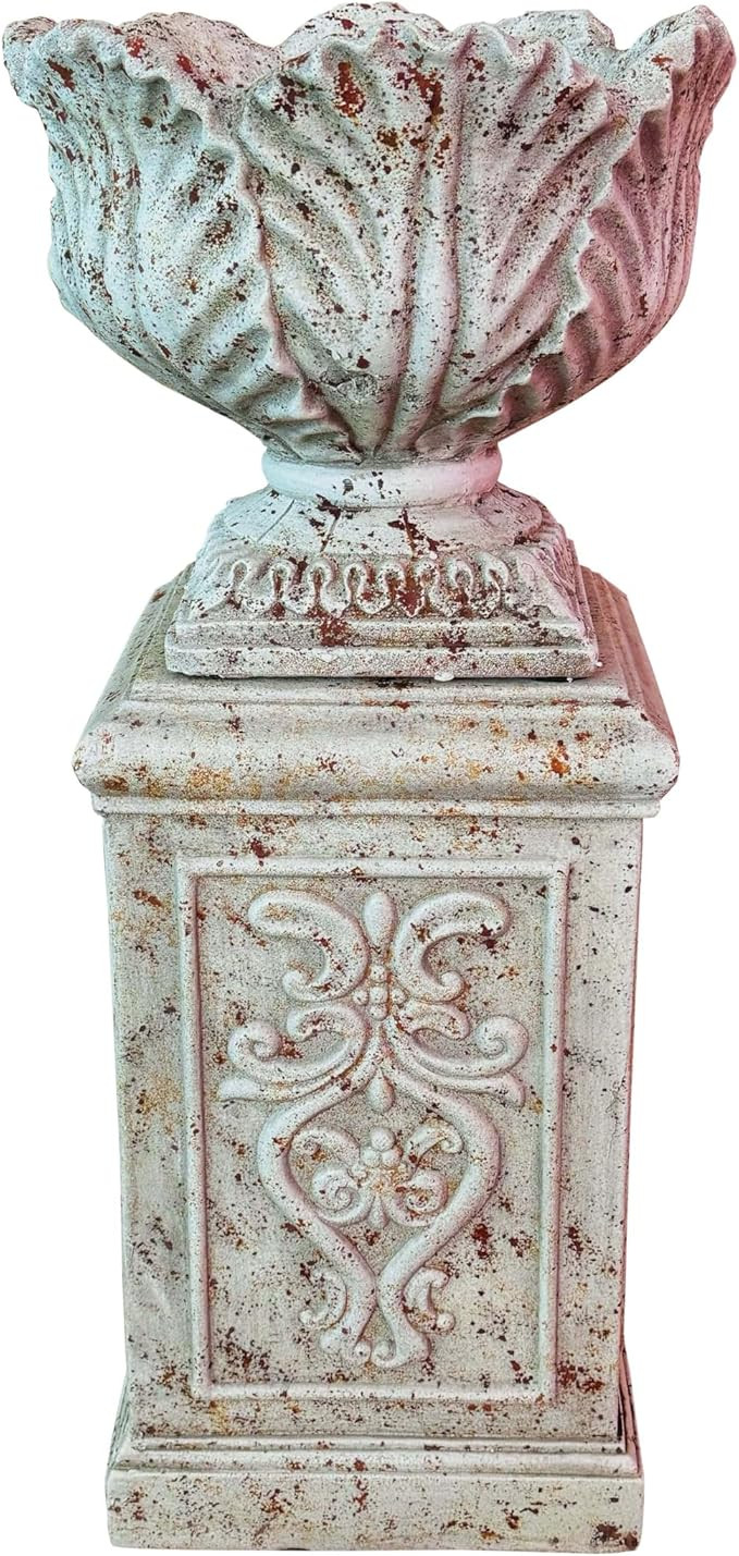 Vintage Garden Urn Planter with Pedestal, Cement and Fiber, Maked Antique, Decorative Leaf Patter... | Amazon (US)