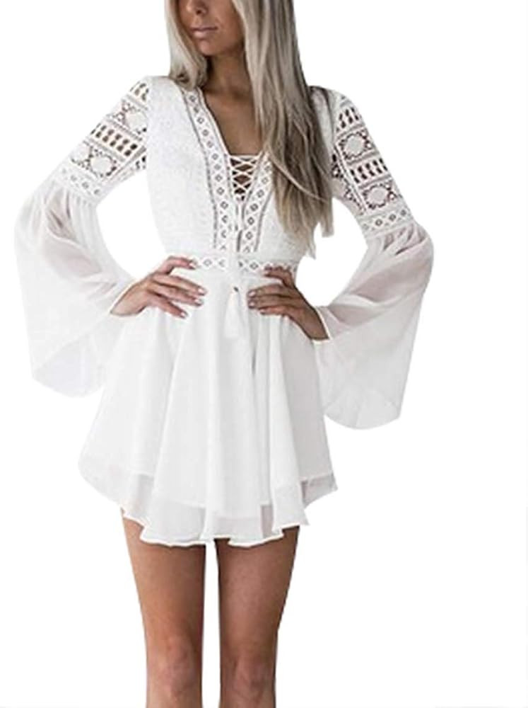 Lace Dresses for Women Boho Dress Crochet High Waisted Solid Color Elegent Ruffle Short Dress | Amazon (US)