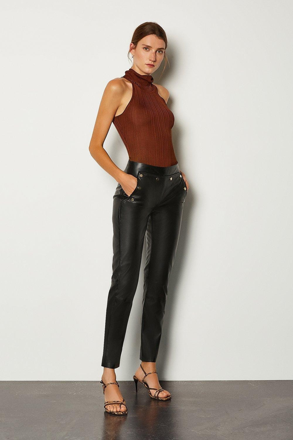 Leather Button Detail Trouser | Karen Millen UK & IE