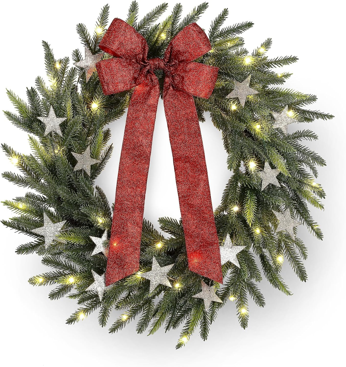 28Inch LED Christmas Wreath with Red Bowknot， Artificial Pre-Lit PE Fir/Pine Wreath, 50 LED War... | Amazon (US)