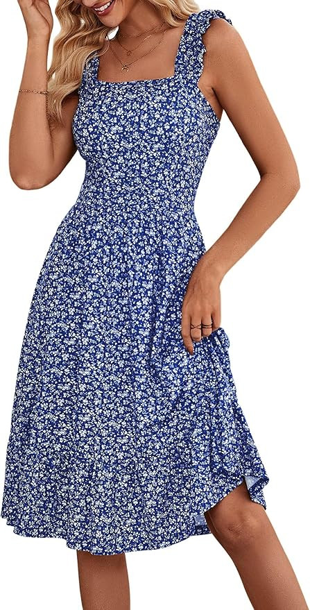 ZABERRY Womens Summer Midi Dress 2025 Elastic Straps Square Neck Cute Floral Flowy A-line Sundres... | Amazon (US)