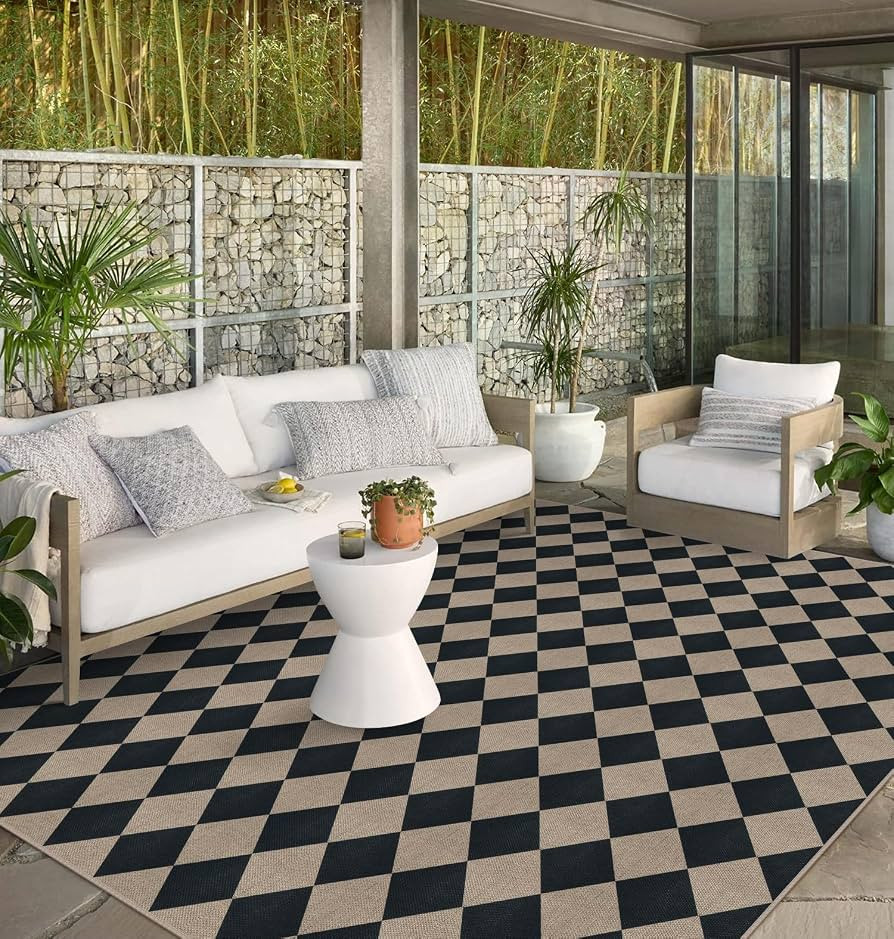 Easy Jute Black Checkered 8x10 Area Rug, Washable Modern Outdoor Rug for Patio Non-Slip Diamond R... | Amazon (US)