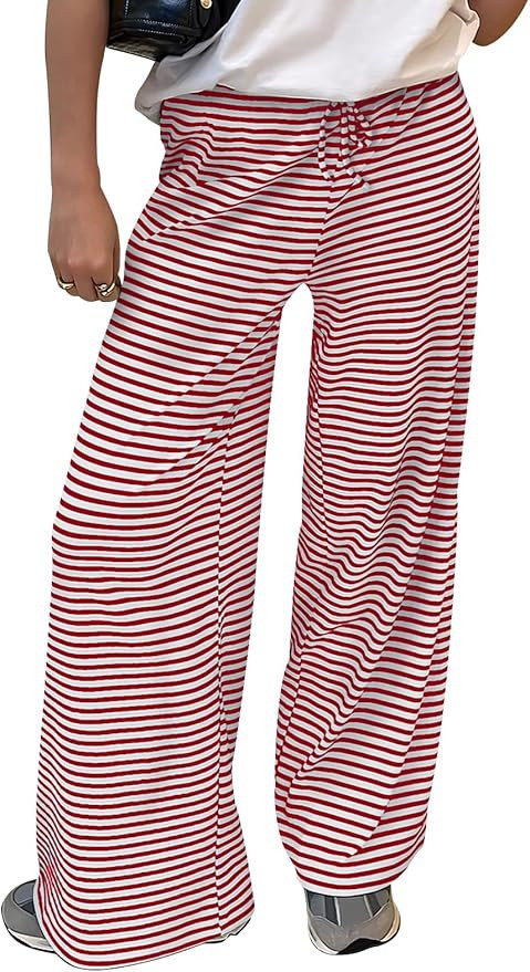 Trendy Queen Womens Striped Ribbed Wide Leg Pants Casual Drawstring Elastic Waist Baggy Sweatpant... | Amazon (US)