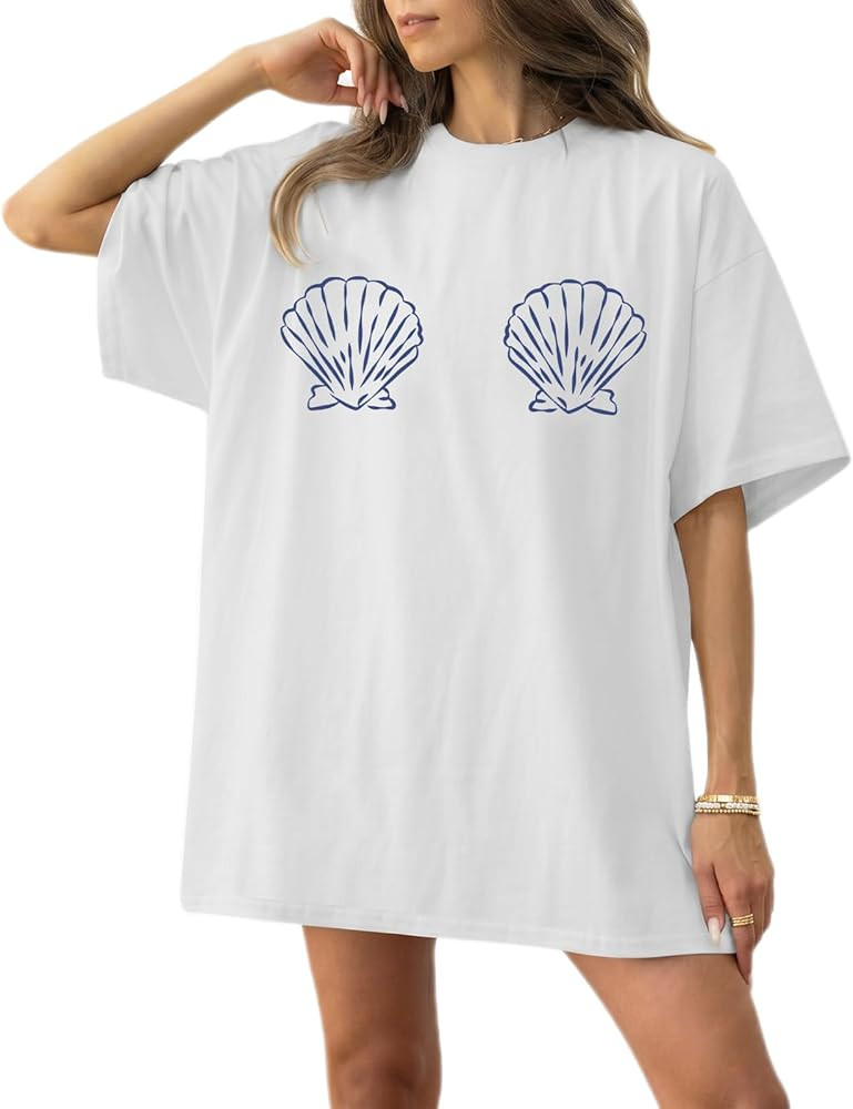 Oversized Hawaiian Shirts for Women Seashell Graphic Tees Hawaii Beach Vacation Shirt Tropical Ca... | Amazon (US)