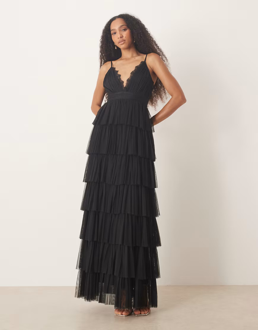 Lace & Beads v neck lace tiered tulle maxi dress in black | ASOS (Global)