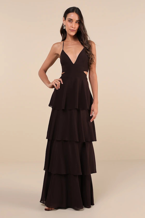 Tier and Now Dark Brown Tie-Back Tiered Maxi Dress | Lulus