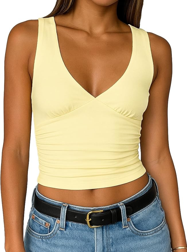 ForeFair Womens Deep V Neck Crop Tank Tops Going Out Double Lined Sexy Crop Top Sleeveless Slim F... | Amazon (US)
