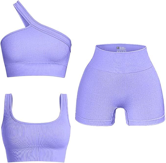 OQQ Women's 3 Piece Outfits Ribbed Seamless Exercise Scoop Neck Sports Bra One Shoulder Tops High... | Amazon (US)